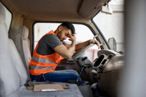 Tired man leaning on steering wheel 